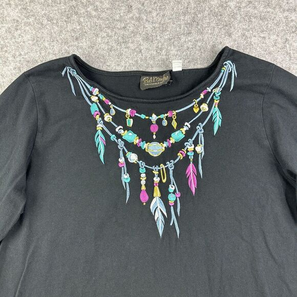 Bob Mackie Shirt Women 1X Black Southwestern Embroidered Wearable Art Tee Blouse - Picture 3 of 16